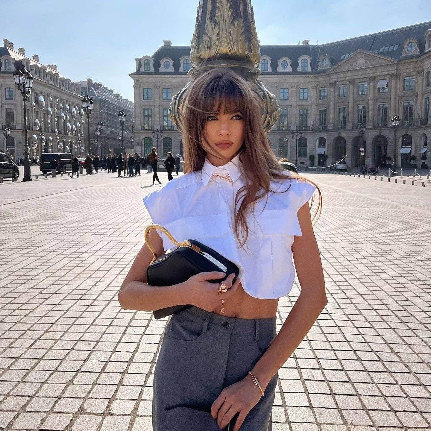 Solid Color Lapel Pockets Sleeveless Short Shirt 8BS968 - SWEETKAMA