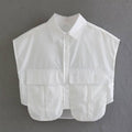 Solid Color Lapel Pockets Sleeveless Short Shirt 8BS968 - SWEETKAMA