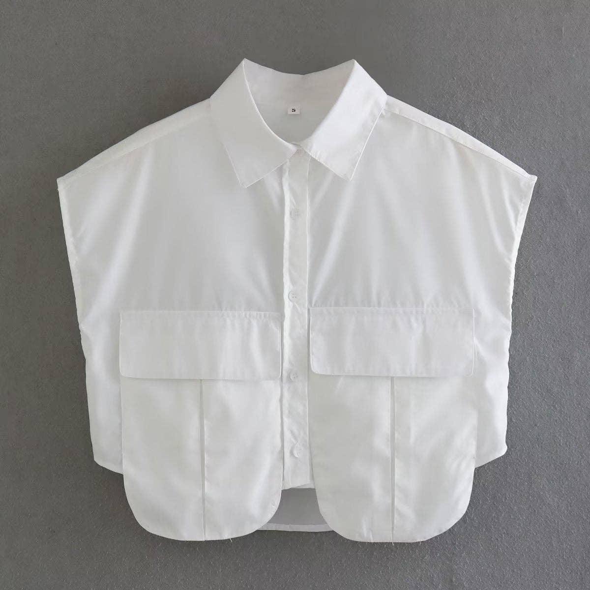 Solid Color Lapel Pockets Sleeveless Short Shirt 8BS968 - SWEETKAMA
