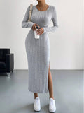 Solid Color Long Sleeves Round Neck Dress G1028 - SWEETKAMA