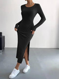 Solid Color Long Sleeves Round Neck Dress G1028 - SWEETKAMA