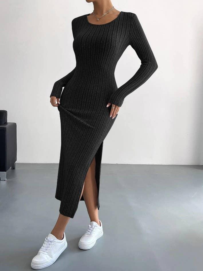 Solid Color Long Sleeves Round Neck Dress G1028 - SWEETKAMA