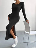 Solid Color Long Sleeves Round Neck Dress G1028 - SWEETKAMA