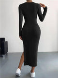Solid Color Long Sleeves Round Neck Dress G1028 - SWEETKAMA