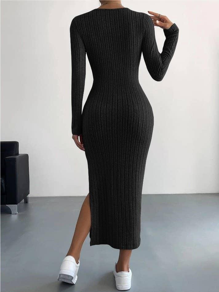 Solid Color Long Sleeves Round Neck Dress G1028 - SWEETKAMA