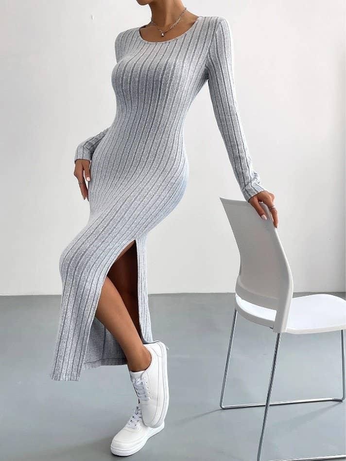 Solid Color Long Sleeves Round Neck Dress G1028 - SWEETKAMA