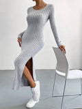 Solid Color Long Sleeves Round Neck Dress G1028 - SWEETKAMA