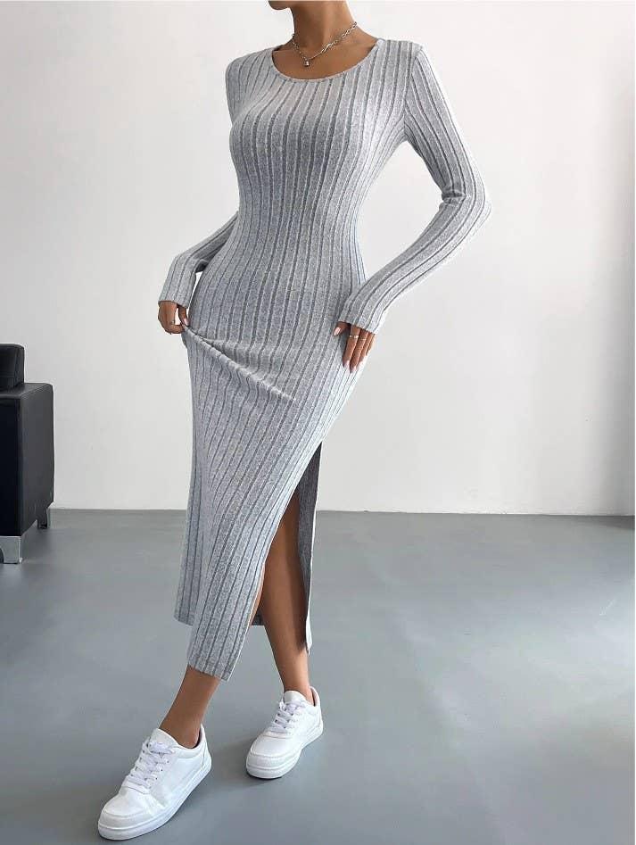 Solid Color Long Sleeves Round Neck Dress G1028 - SWEETKAMA