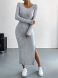 Solid Color Long Sleeves Round Neck Dress G1028 - SWEETKAMA