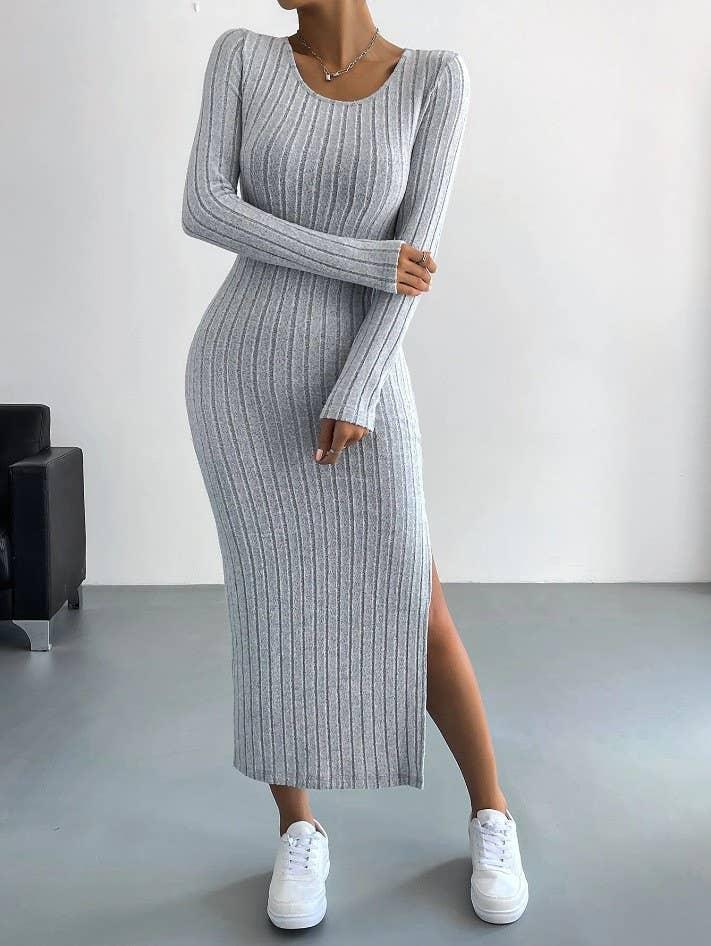 Solid Color Long Sleeves Round Neck Dress G1028 - SWEETKAMA