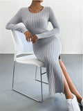 Solid Color Long Sleeves Round Neck Dress G1028 - SWEETKAMA