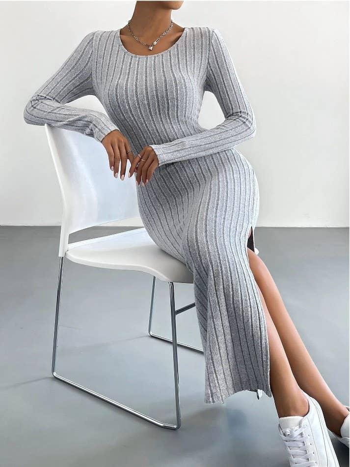 Solid Color Long Sleeves Round Neck Dress G1028 - SWEETKAMA