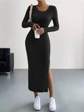 Solid Color Long Sleeves Round Neck Dress G1028 - SWEETKAMA