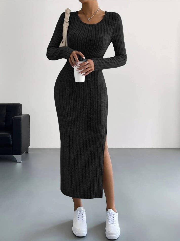 Solid Color Long Sleeves Round Neck Dress G1028 - SWEETKAMA