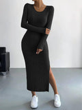 Solid Color Long Sleeves Round Neck Dress G1028 - SWEETKAMA