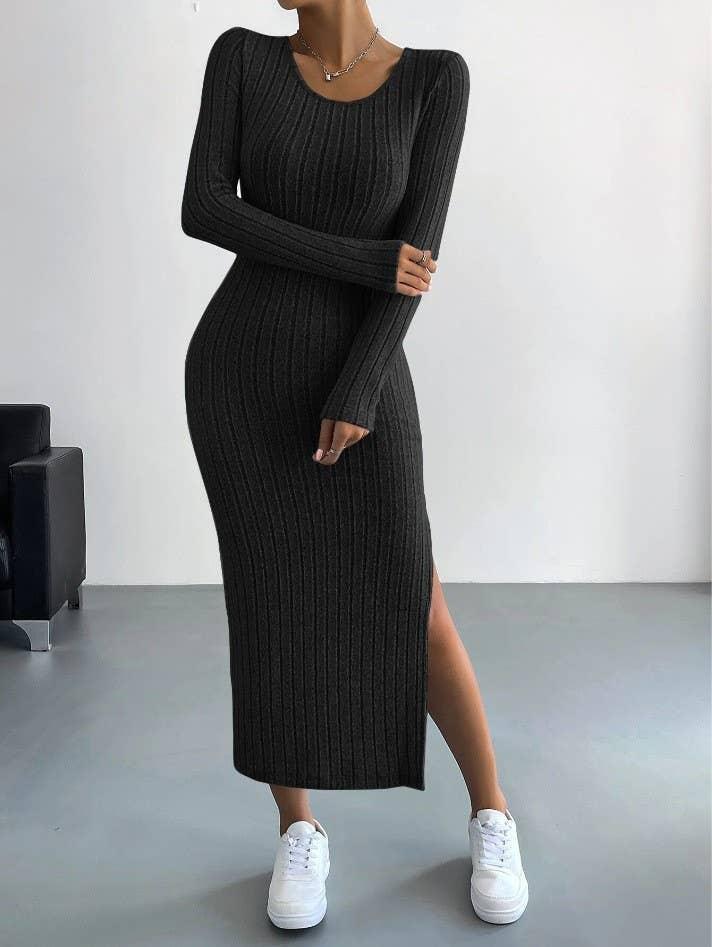 Solid Color Long Sleeves Round Neck Dress G1028 - SWEETKAMA