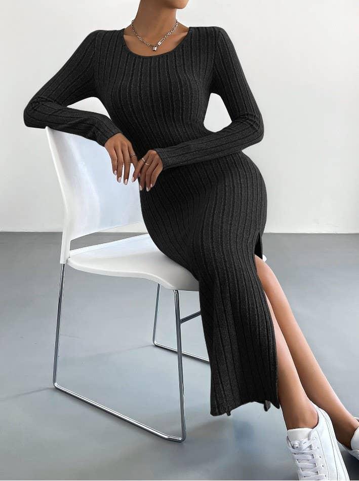 Solid Color Long Sleeves Round Neck Dress G1028 - SWEETKAMA