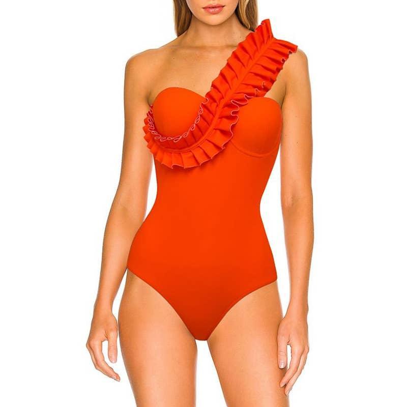 Solid Color One Shoulder One Piece Swimsuit 2385 - SWEETKAMA