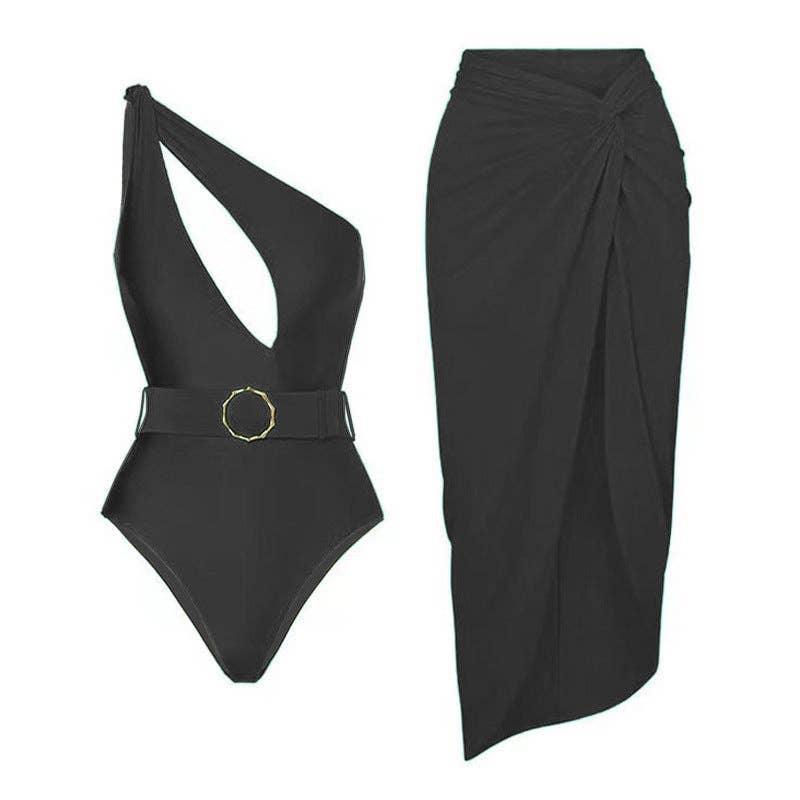 Solid Color One Shoulder One Piece Swimwear with Cover Y185 - SWEETKAMA