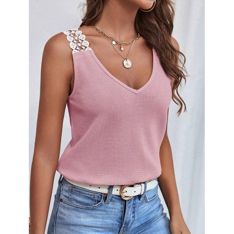Solid Color Sleeveless V-Neck Ladies T-Shirt YC230528 - SWEETKAMA