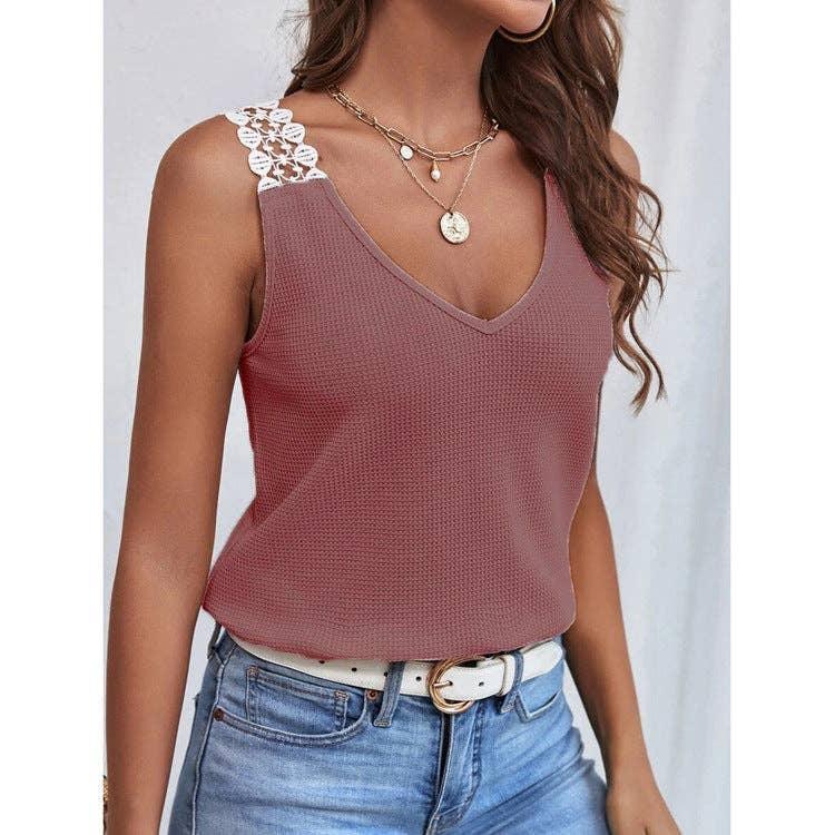 Solid Color Sleeveless V-Neck Ladies T-Shirt YC230528 - SWEETKAMA