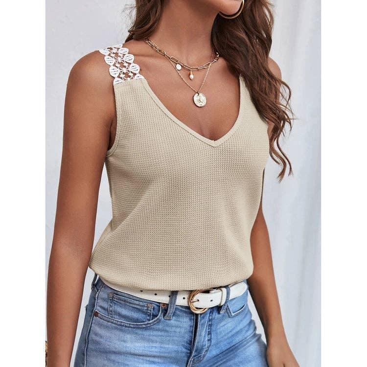 Solid Color Sleeveless V-Neck Ladies T-Shirt YC230528 - SWEETKAMA