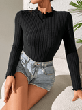 Solid Color Strip Fabric Turtle Neck Bodysuit G1001 - SWEETKAMA