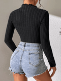 Solid Color Strip Fabric Turtle Neck Bodysuit G1001 - SWEETKAMA