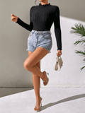 Solid Color Strip Fabric Turtle Neck Bodysuit G1001 - SWEETKAMA