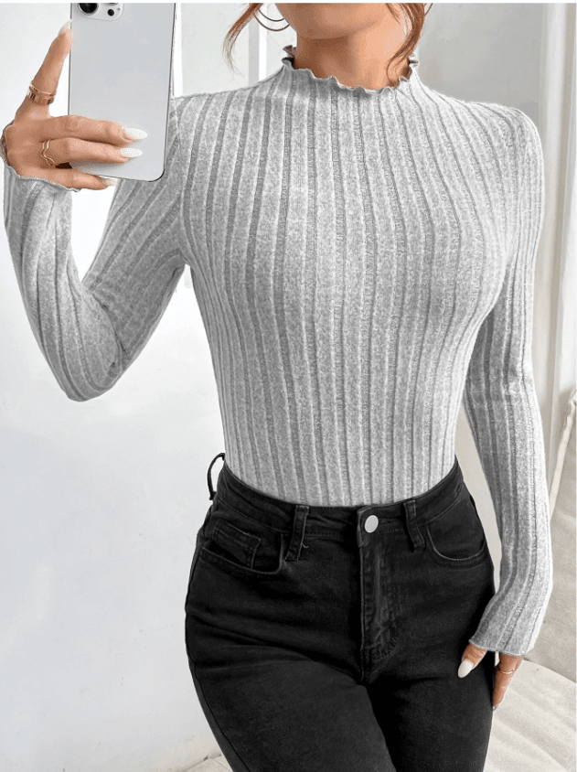 Solid Color Strip Fabric Turtle Neck Bodysuit G1001 - SWEETKAMA