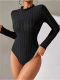 Solid Color Strip Fabric Turtle Neck Bodysuit G1001 - SWEETKAMA