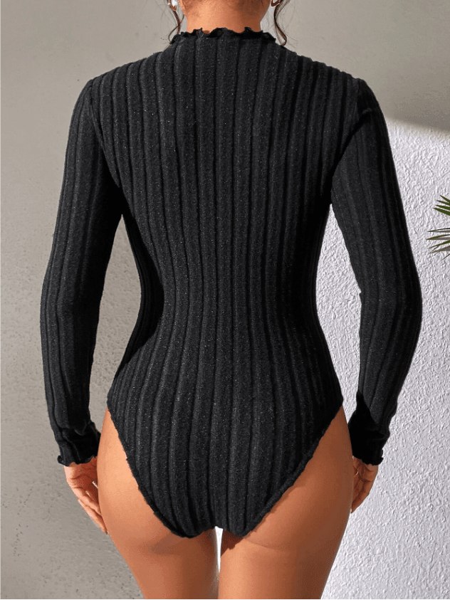 Solid Color Strip Fabric Turtle Neck Bodysuit G1001 - SWEETKAMA