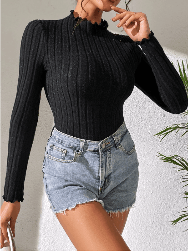 Solid Color Strip Fabric Turtle Neck Bodysuit G1001 - SWEETKAMA