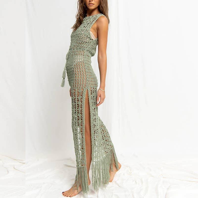 Solid Color Tassels Bikini Swimwear Cover Up Dress HL9702 - SWEETKAMA