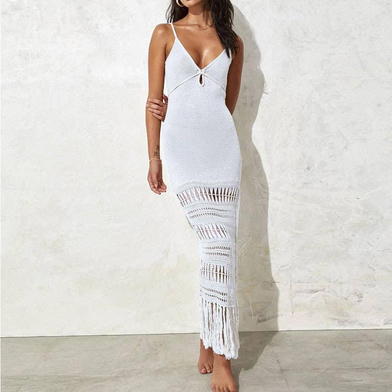 Solid Color Tassels Bikini Swimwear Cover Up Dress HL9771 - SWEETKAMA