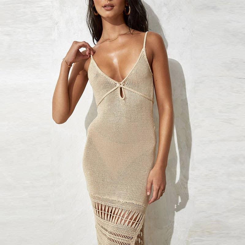 Solid Color Tassels Bikini Swimwear Cover Up Dress HL9771 - SWEETKAMA