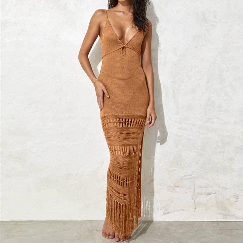 Solid Color Tassels Bikini Swimwear Cover Up Dress HL9771 - SWEETKAMA