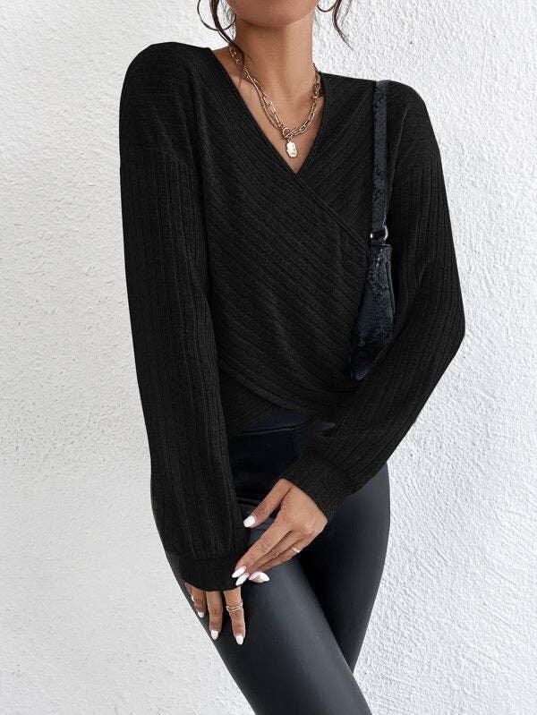 Solid V-Neck Cross Loose Long Sleeves Blouse G1061 - SWEETKAMA