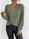 Solid V-Neck Cross Loose Long Sleeves Blouse G1061 - SWEETKAMA