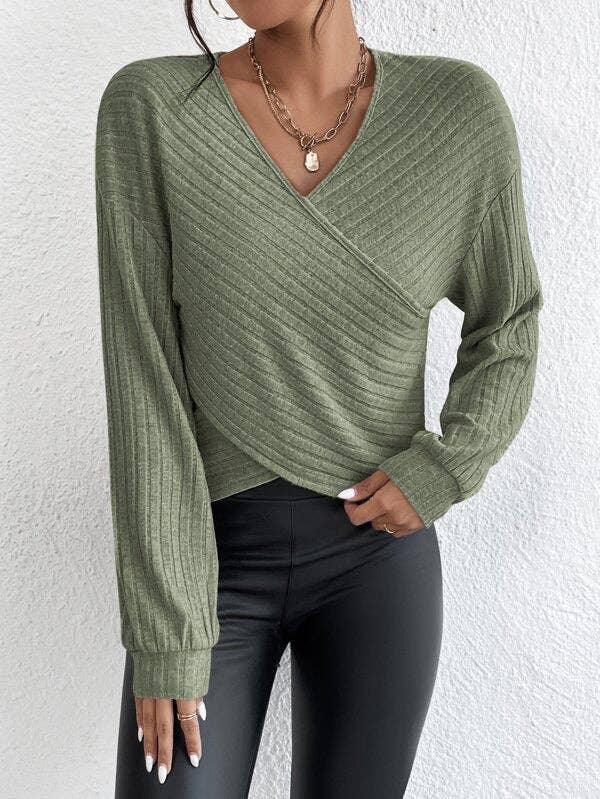 Solid V-Neck Cross Loose Long Sleeves Blouse G1061 - SWEETKAMA