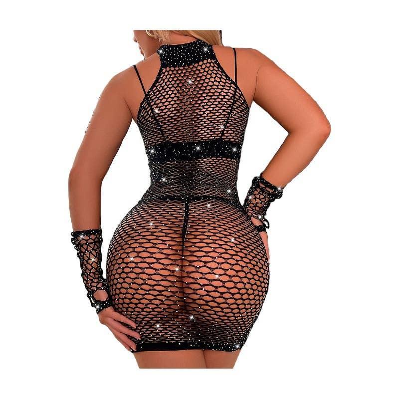 Sparkle Fishnet Bodystocking Dress with Gloves T1046 - SWEETKAMA