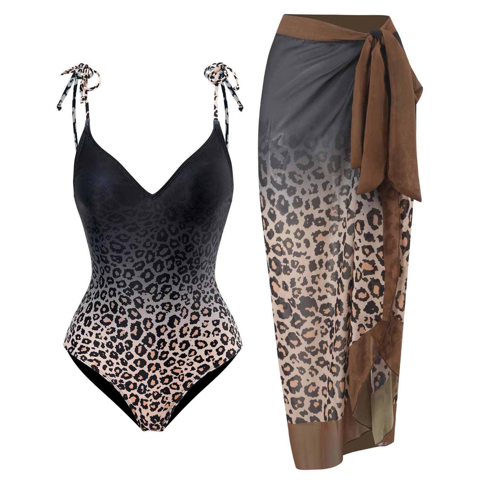 Straps Leopar Print One-piece Swimsuit with Wrap Y81 - SWEETKAMA