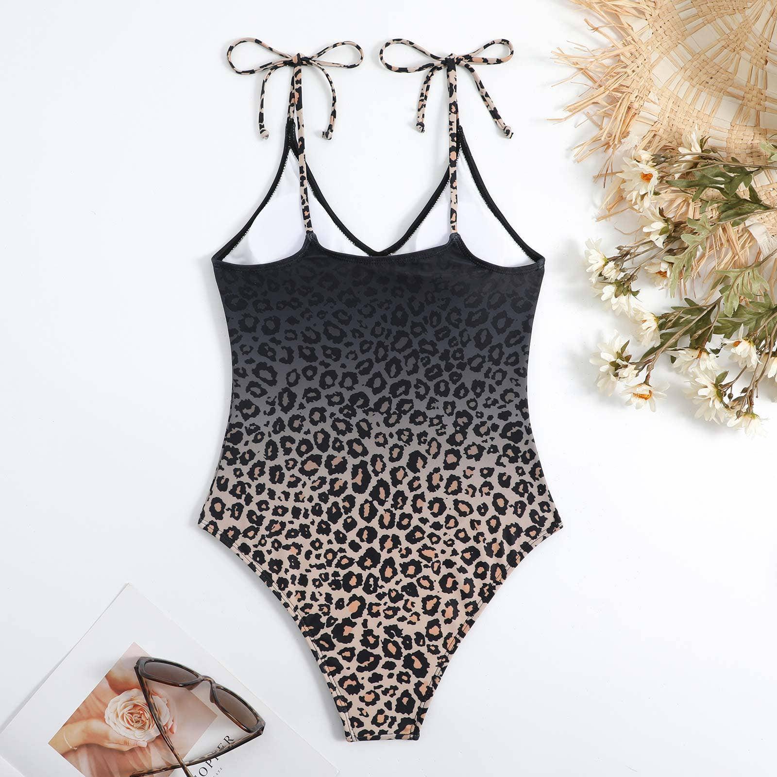 Straps Leopar Print One-piece Swimsuit with Wrap Y81 - SWEETKAMA