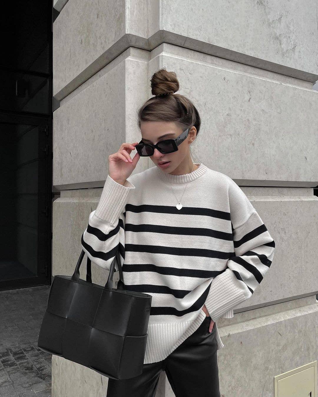 Stripe Long Sleeves Round Neck Women Daily Sweater A8LS217 - SWEETKAMA