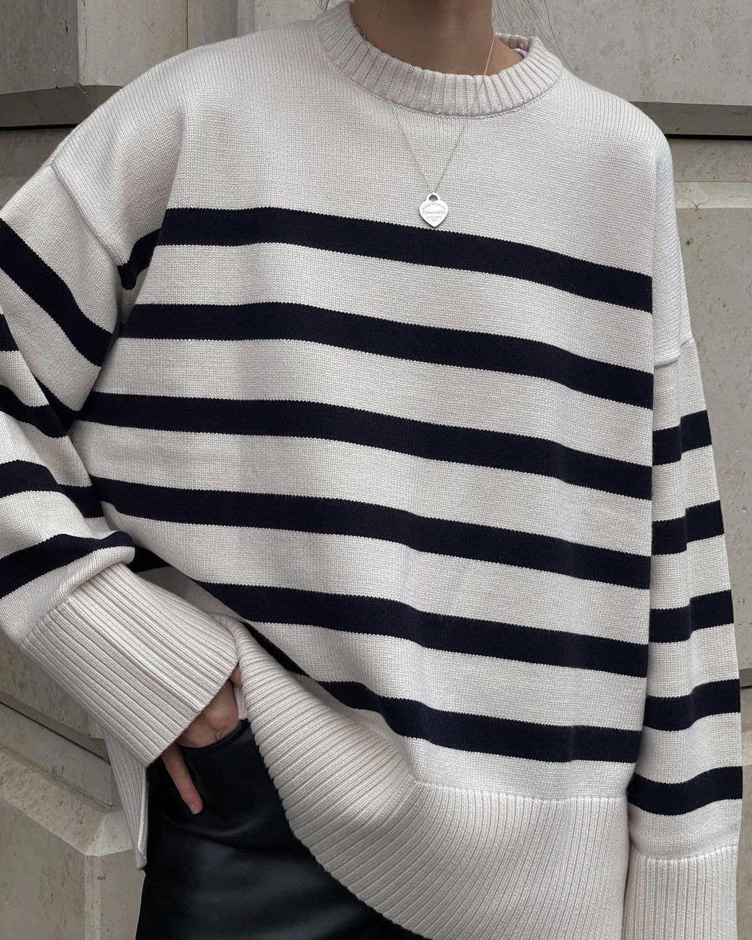 Stripe Long Sleeves Round Neck Women Daily Sweater A8LS217 - SWEETKAMA