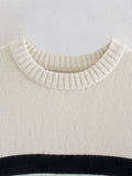 Stripe Long Sleeves Round Neck Women Daily Sweater A8LS217 - SWEETKAMA