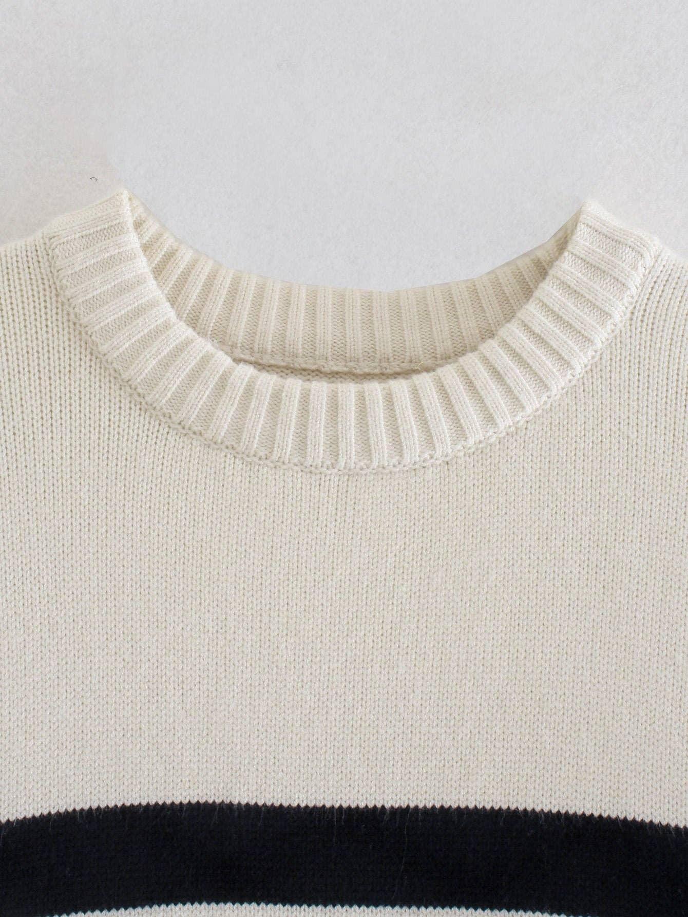 Stripe Long Sleeves Round Neck Women Daily Sweater A8LS217 - SWEETKAMA