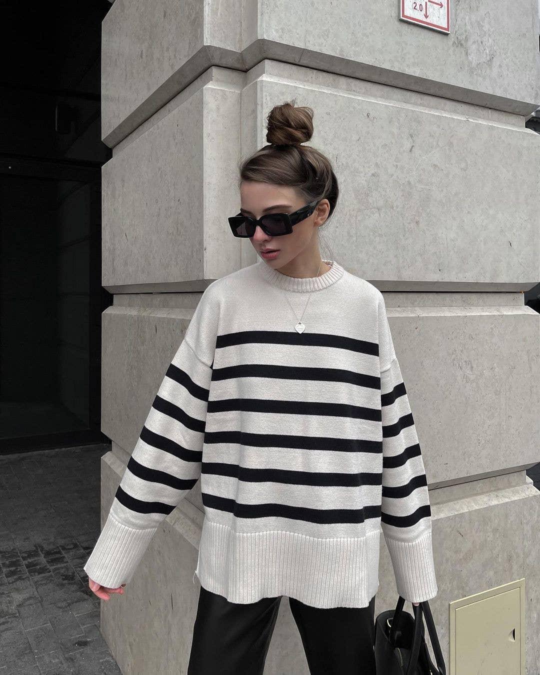 Stripe Long Sleeves Round Neck Women Daily Sweater A8LS217 - SWEETKAMA