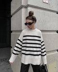 Stripe Long Sleeves Round Neck Women Daily Sweater A8LS217 - SWEETKAMA