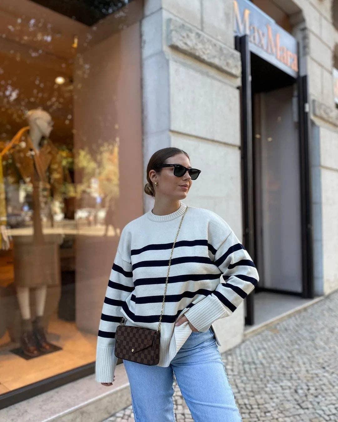 Stripe Long Sleeves Round Neck Women Daily Sweater A8LS217 - SWEETKAMA